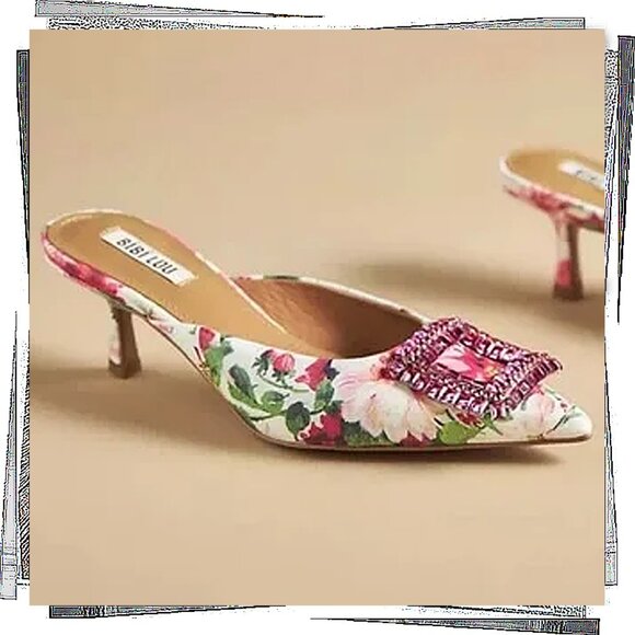Pink Green & White Floral Aoi Jeweled Kitten Heels  (EU 37) Bibi Lou - Picture 2 of 5